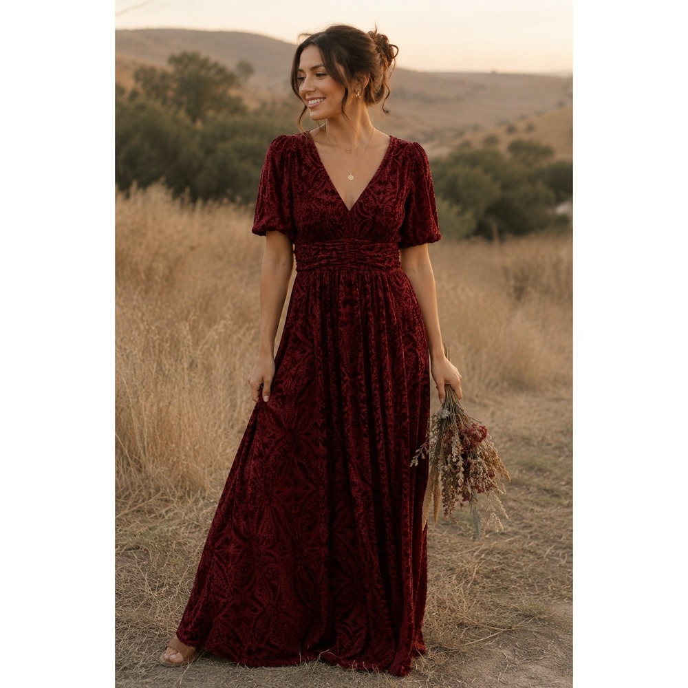 Baltic Born Maxi Dress Women XL Red Burnout‎ Velvet Damask V-Neck Puff Sleeve